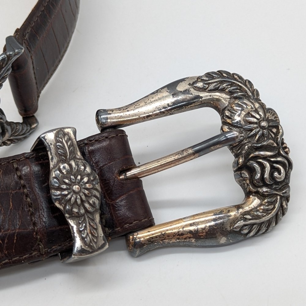 Brighton Brown Silver Floral Leather Belt L - Picture 2 of 7